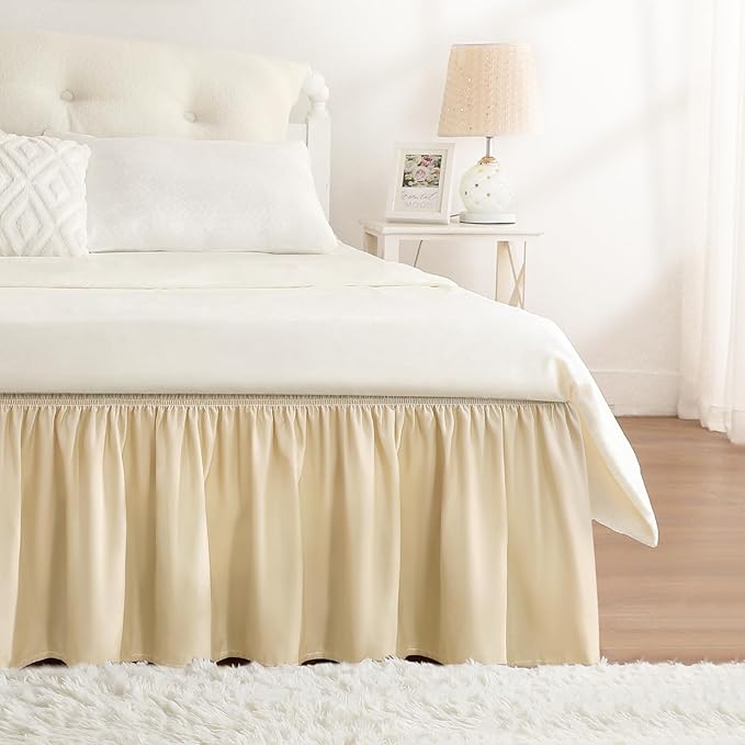 RIMELA Beige White Bed Skirt Queen Size 15 Inch Drop, Elastic Bed Skirting by RIMELABedSkirt
