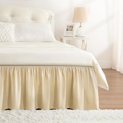 RIMELA Beige White Bed Skirt Queen Size 18 Inch Drop, Elastic Bed Skirting by RIMELABedSkirt