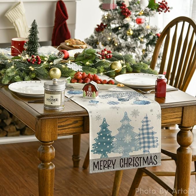 Artoid Mode Blue Pine Trees Merry Christmas Table Runner, Winter Xmas Holiday - Image 4