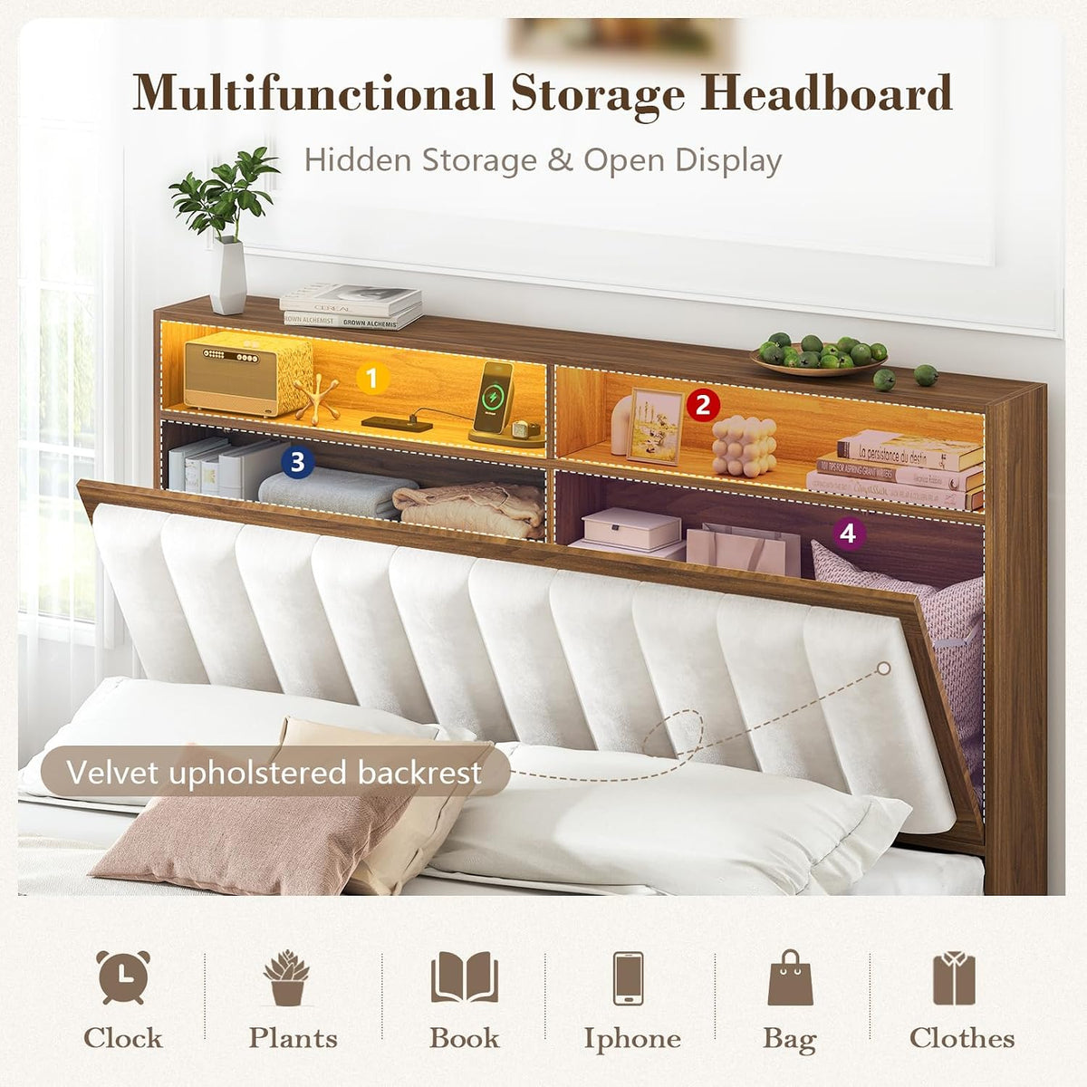 cszzd wood bed frame full size with charging, side view