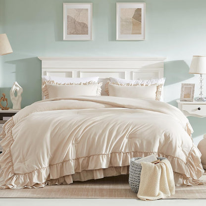cupocupa beige queen comforter set, 3pcs comforters ruffle shown in use