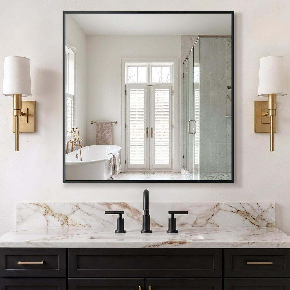 delma bathroom vanity mirror,30x30 black metal framed mirror on a desk or shelf