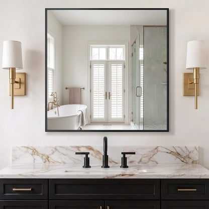delma bathroom vanity mirror,30x30 black metal framed mirror on a desk or shelf