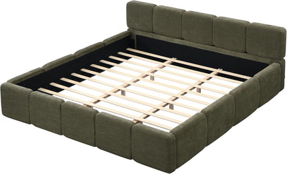 merax king boucle platform bed with thick headboard on a desk or shelf