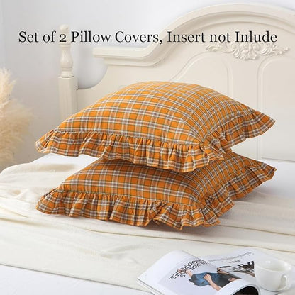 Burnt Orange Tartan Plaid Throw Pillow Cover Farmhouse Ruffle Pillow Shams Set - Image 3