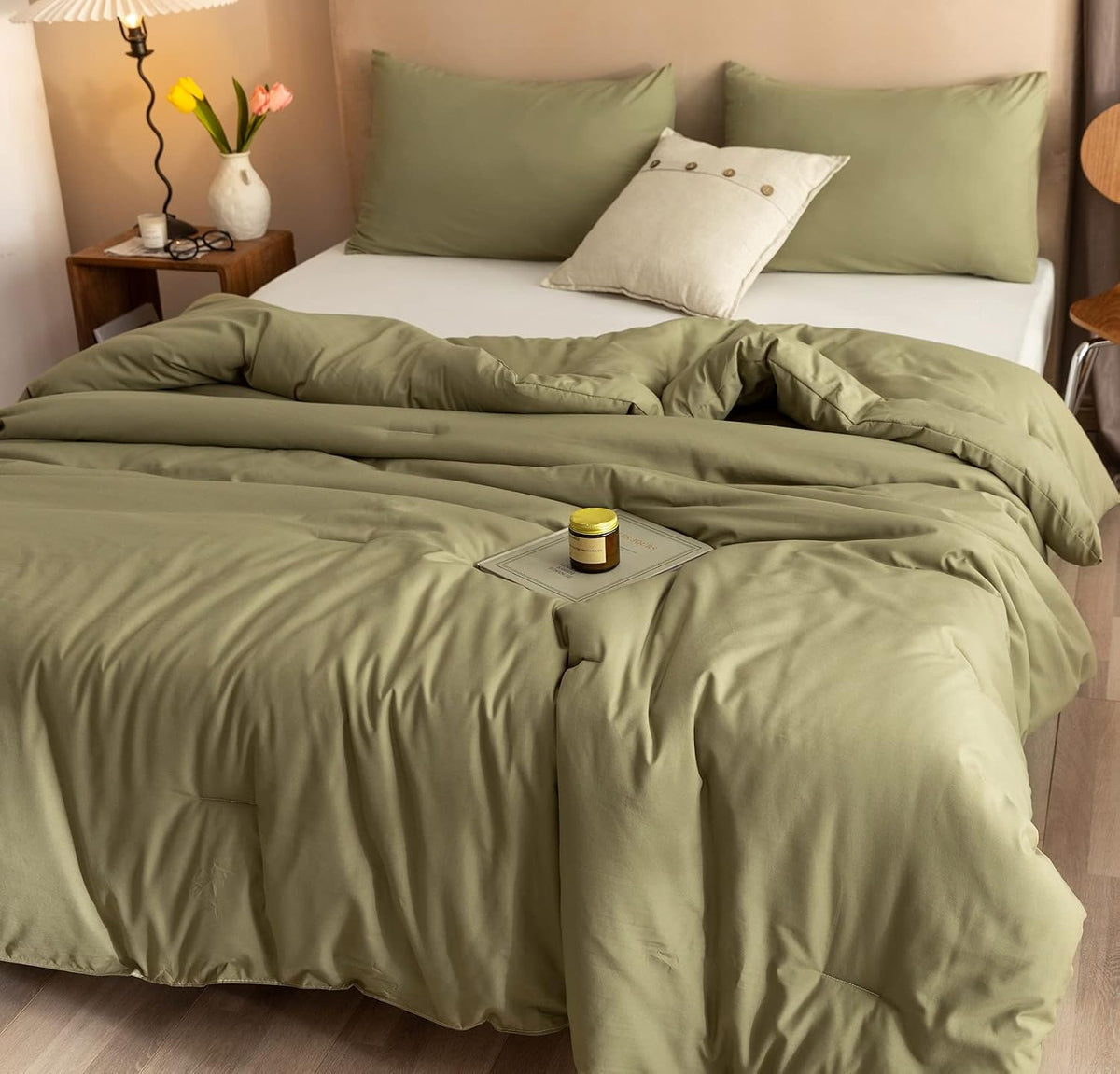 rosgonia queen comforter set olive green, 3pcs bedding, side view