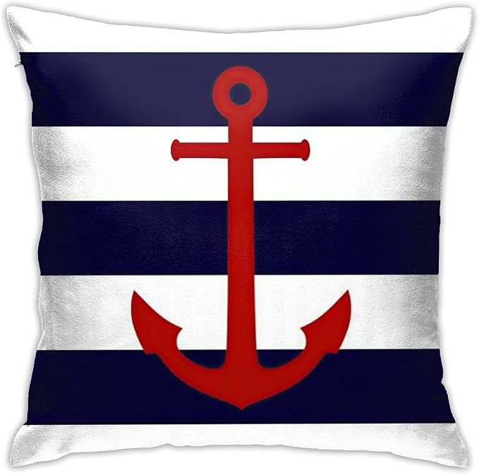 Myshe Square Nautical Red Anchor On Navy Blue Stripes Throw Pillow Cover by Myshe