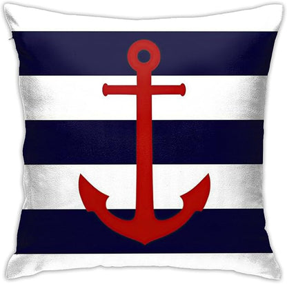 Myshe Square Nautical Red Anchor On Navy Blue Stripes Throw Pillow Cover by Myshe