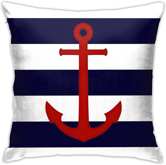 Myshe Square Nautical Red Anchor On Navy Blue Stripes Throw Pillow Cover by Myshe