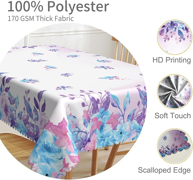 60x120inches Floral Rectangle Tablecloth Watercolor Purple Blue Flowers Printed - Image 3