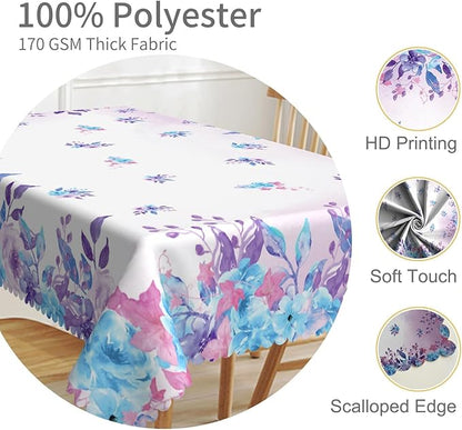 60x120inches Floral Rectangle Tablecloth Watercolor Purple Blue Flowers Printed - Image 3