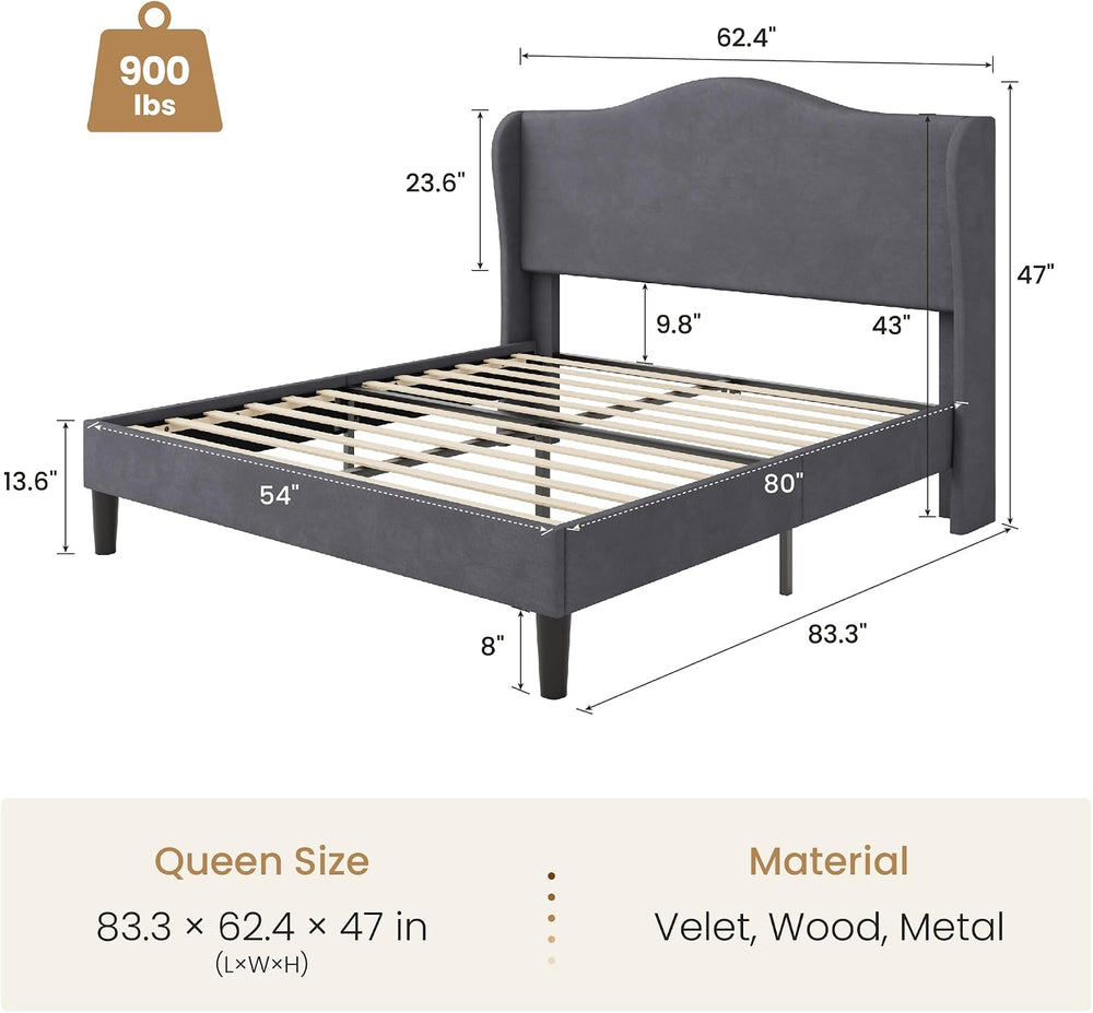 SHA CERLIN Queen Size Bed Frame with Curved Wingback Headboard, Soft Grey