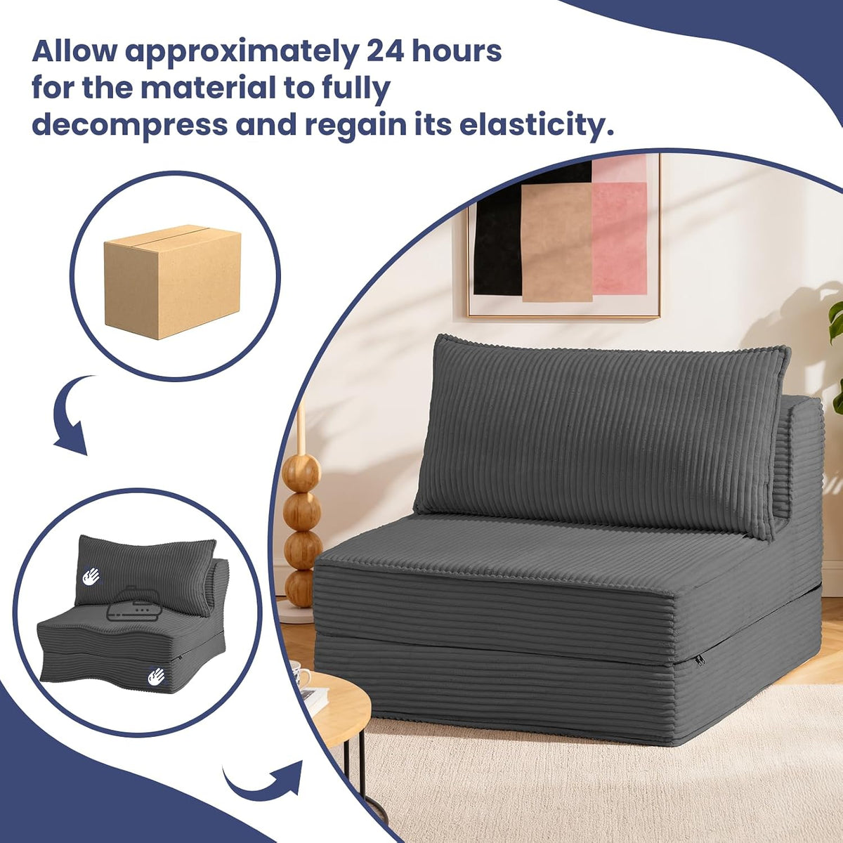 folding sofa bed, convertible sleeper chair with pillow,corduroy, view 9