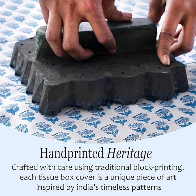 CPC Apatite Blue Hand Block Printed Cotton Tissue Box Cover 5" x 5" x 5.5" - Image 7