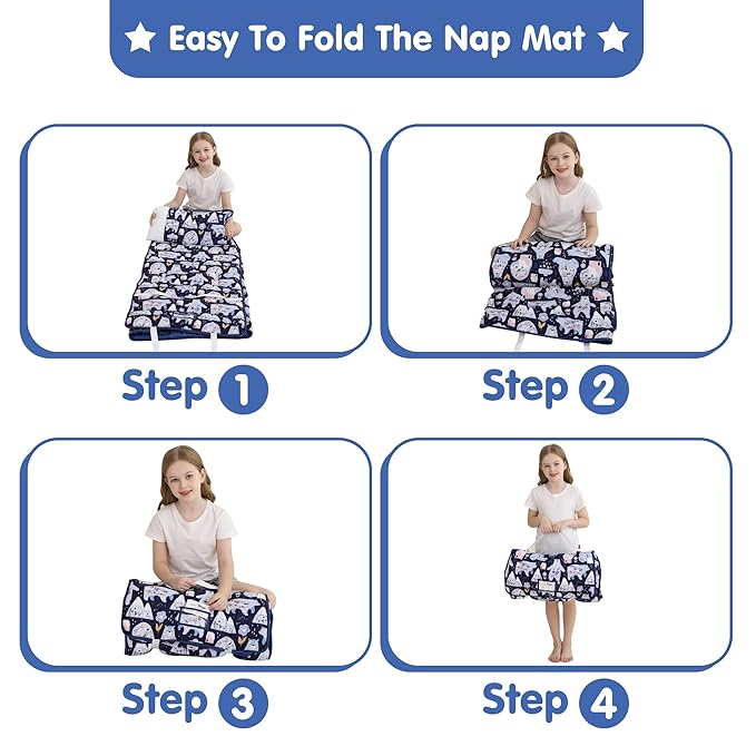 Viviland Toddler Kid Nap Mat for Preschool, Girls Deep Blue Bear Slumber Bag - Image 5