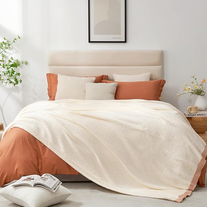 Snuggle Sac Cream Bedding Blankets Queen Size 90x90 inches, Reversible - Image 6