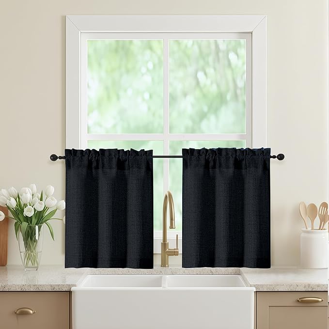 Black Kitchen Curtains 24 Inch Length 2 Panels, Light Filtering Faux Linen by WelvetBLK