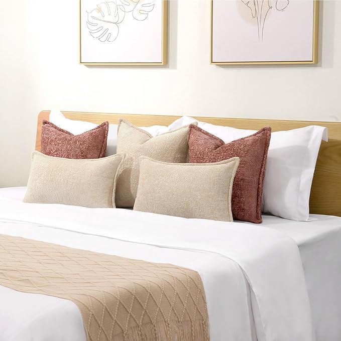 Pack of 2 Beige Decorative Throw Pillow Covers 22x22 Cozy Soft Chenille Accent - Image 6