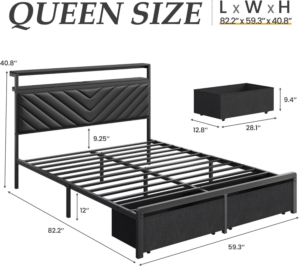 fluest queen bed frame with 2 drawers, upholstered shown in use