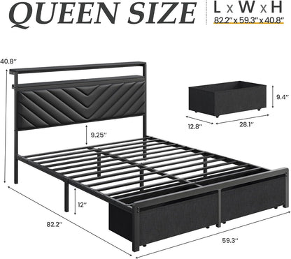 fluest queen bed frame with 2 drawers, upholstered shown in use
