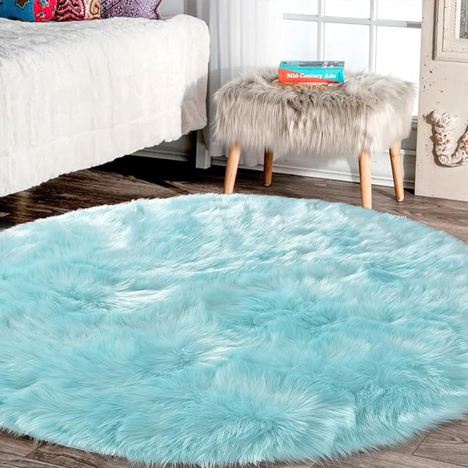 Latepis Large Faux Fur Rug Light Blue Round Rug s6.7ft Circle Fuzzy Plush Rugs - Image 2