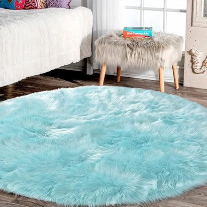 Latepis Blue Round Rugs 6ft Faux Sheepskin Fur Large Circle Rug - Image 2