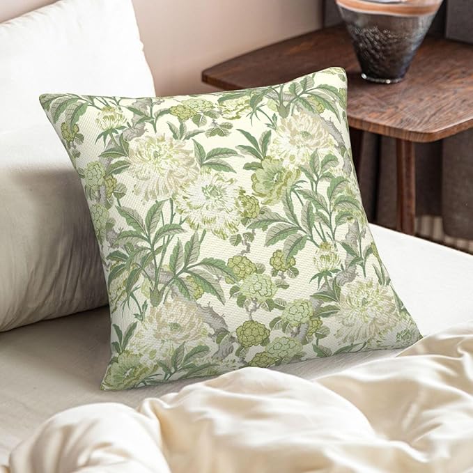 French Country Green Floral Throw Pillow Covers 18x18 Inch Set of 2 Spring - Image 2