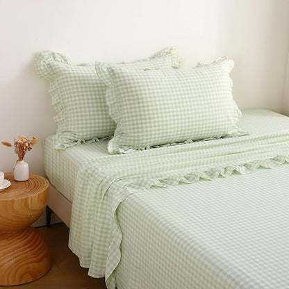 2 Pack Pile Green White Plaid Ruffle Gingham Pillow Shams Standard Size - Image 3