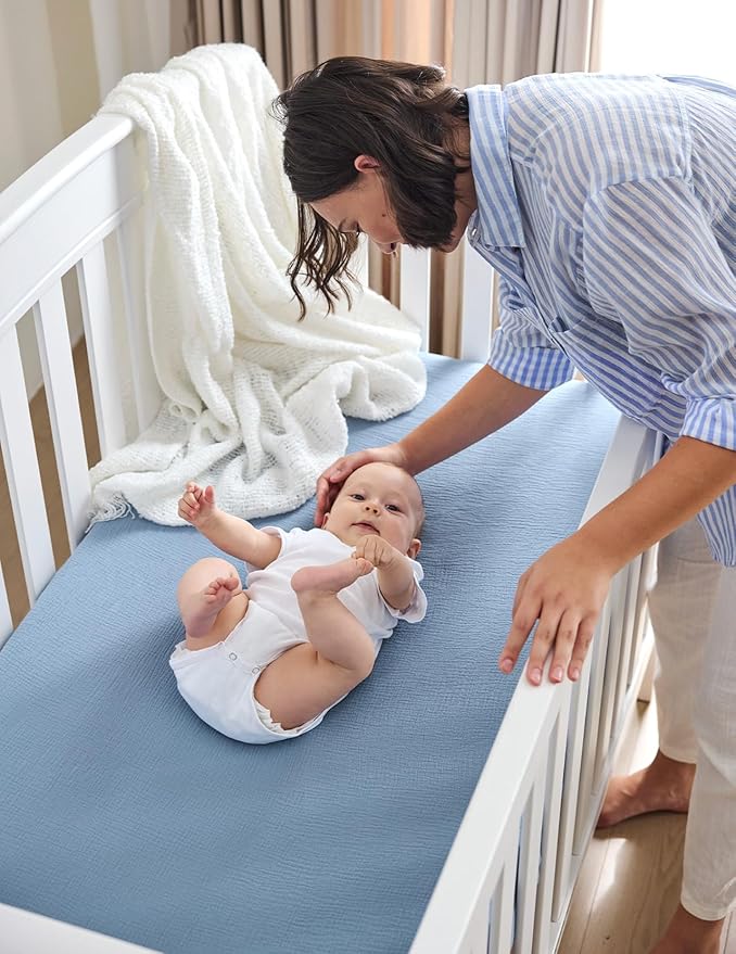 Momcozy Muslin Standard Fitted Crib Sheets, 2 Pack Soft Breathable Natural - Image 7
