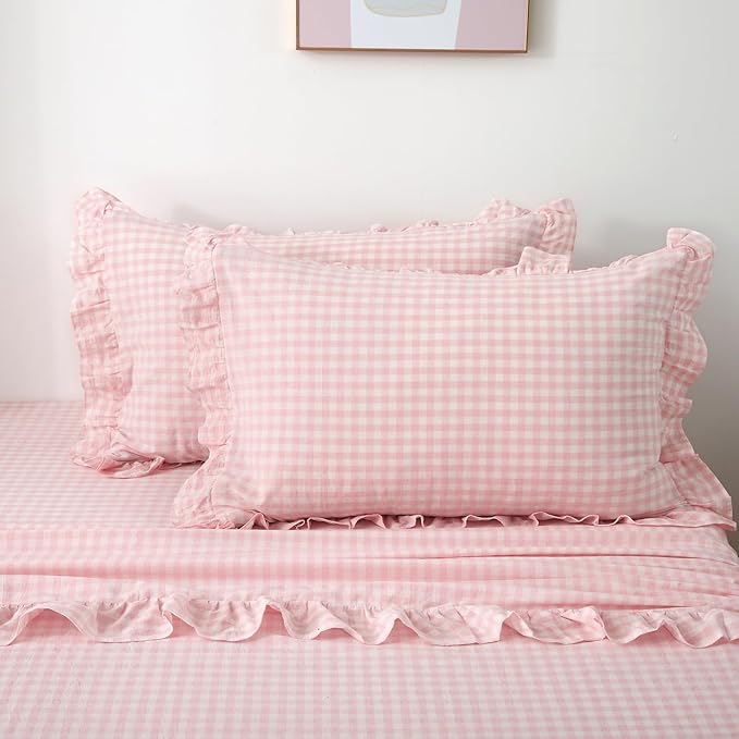 2 Pack Blush White Plaid Ruffle Gingham Pillow Shams Standard Size, 100% Washed - Image 3