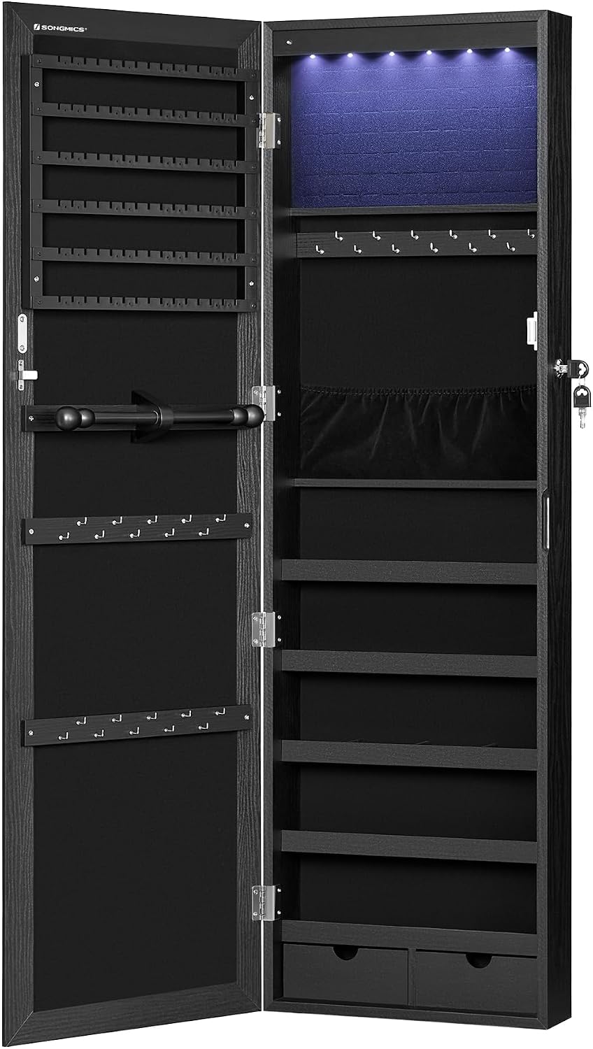 songmics 6 leds mirror jewelry cabinet, 47.2-inch tall, front angle view