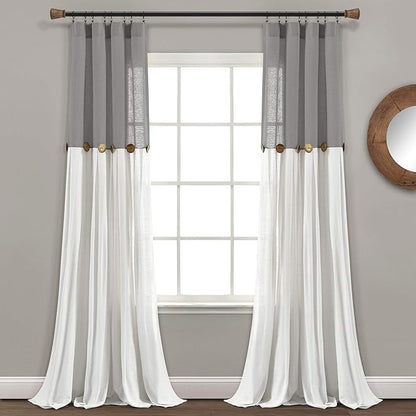 Lush Decor Linen Button Window Curtain Panel, Dark Gray & Off-White, Country - Image 2