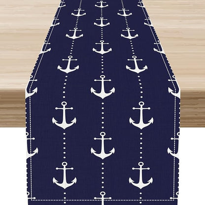 Anchor Table Runner, Nautical Navy Blue Retro Sailing Seasonal Anchor Print by Unknown