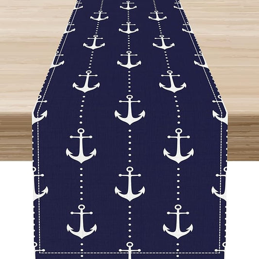 Anchor Table Runner, Nautical Navy Blue Retro Sailing Seasonal Anchor Print by Unknown