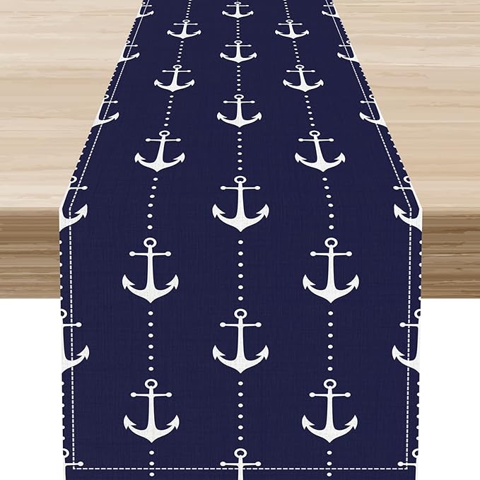 Anchor Table Runner, Nautical Navy Blue Retro Sailing Seasonal Anchor Print by Unknown