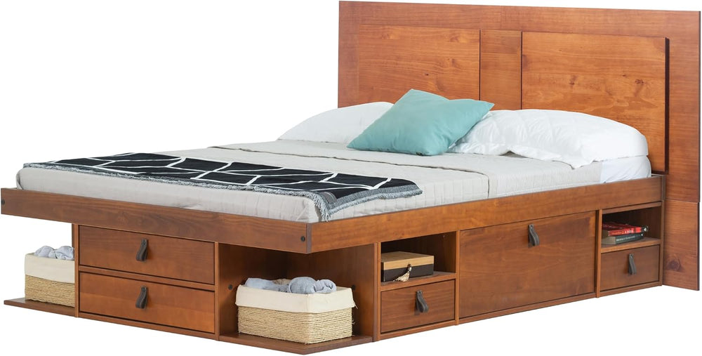 memomad Bali Slim Set: Bed + Flat Headboard, Queen Size, Caramel Brown