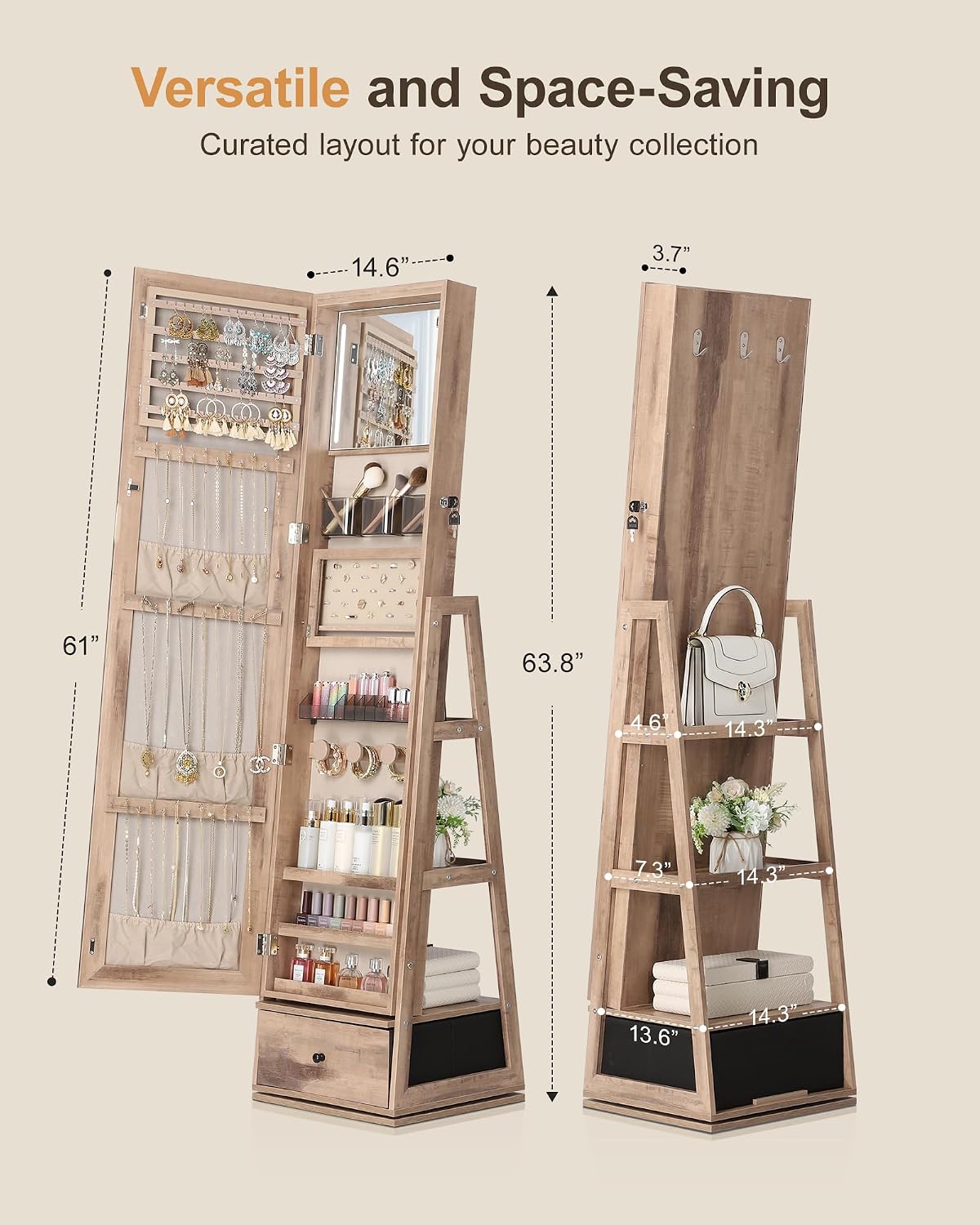nicetree 360° swivel jewelry cabinet with lights, full shown in use