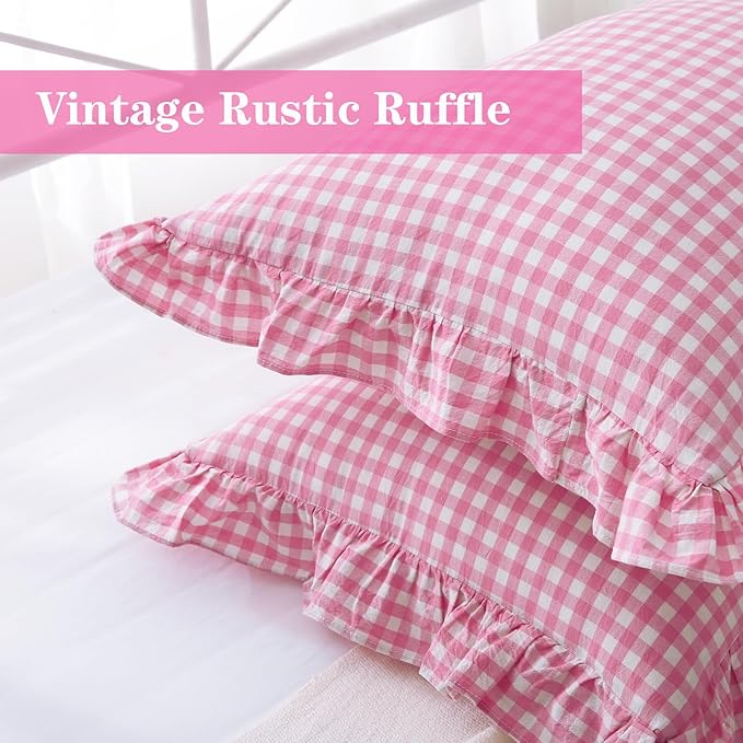 2 Pack Pink White Plaid Ruffle Gingham Standard Pillow Covers, 100% Washed - Image 5