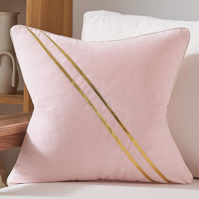 Avigers 18 x 18 Inch Pink Gold Leather Striped Lines Velvet Cushion Case Luxury by Avigers