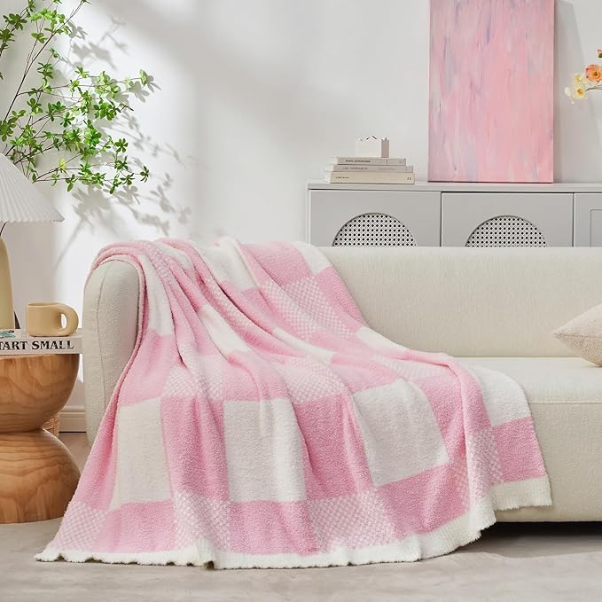 Snuggle Sac Checkered Blanket, Baby Pink Throw Blanket - Image 2