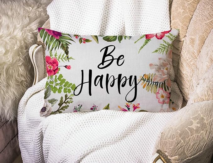 12x20 Inches Pillow Covers Rustic Farmhouse Decor Be Happy Pillowcases Cotton - Image 3