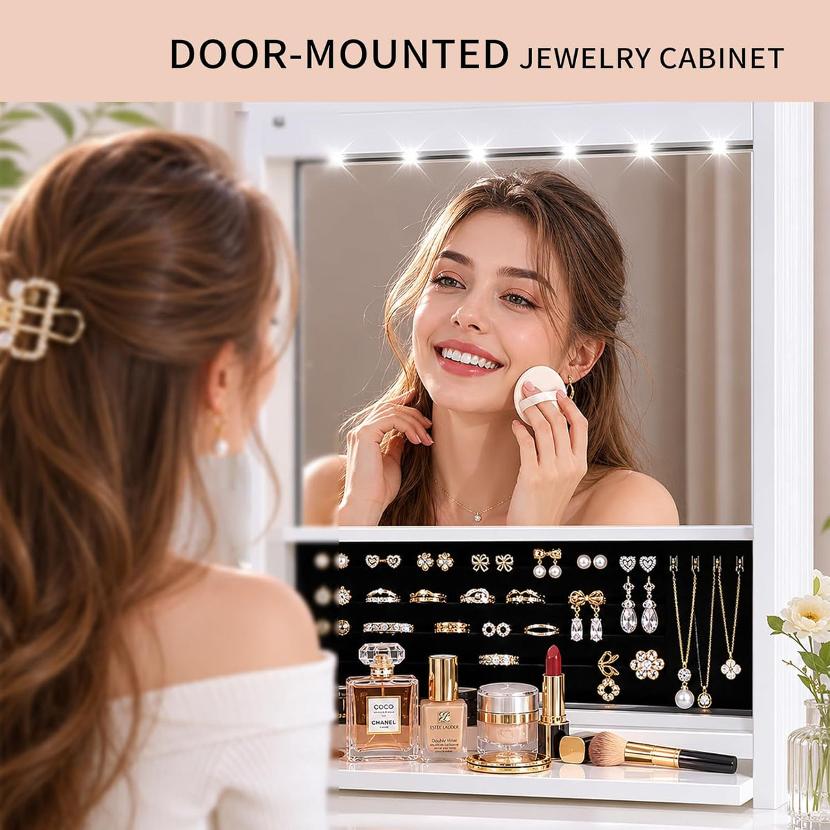 over the door jewelry organizer, wall mounted jewelry, close-up detail