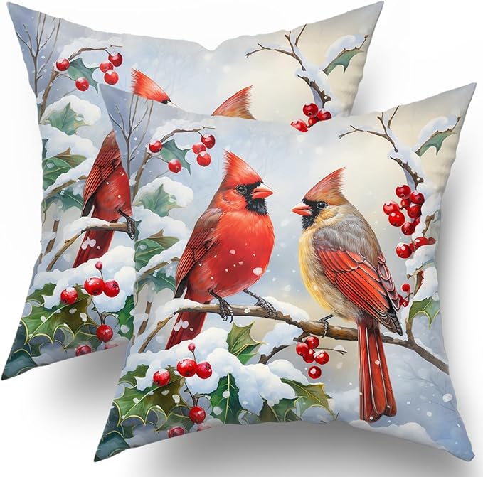 Winter Red Bird Throw Pillow Cover Set of 2 22x22 Inch Winter Christmas - Image 2