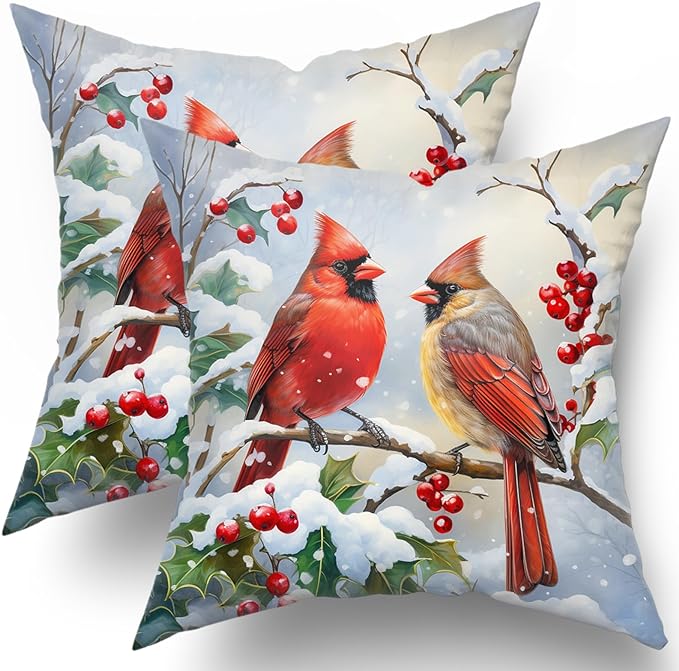 Winter Red Bird Throw Pillow Cover Set of 2 22x22 Inch Winter Christmas by Granbey