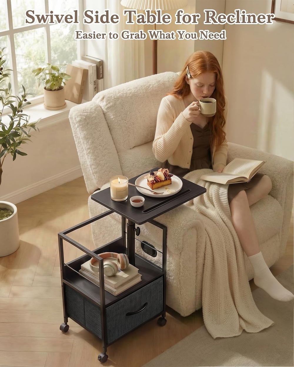 Faesun Night Stand with Charging Station & Swivel Top, Black Gray