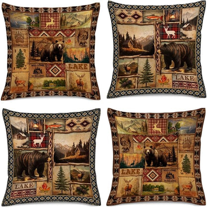Vintage Rustic Lodge Bear Pillow Covers 18x18 Inch Set of 4, Farmhouse Cabin by Unknown