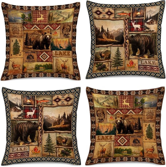 Vintage Rustic Lodge Bear Pillow Covers 18x18 Inch Set of 4, Farmhouse Cabin by Unknown