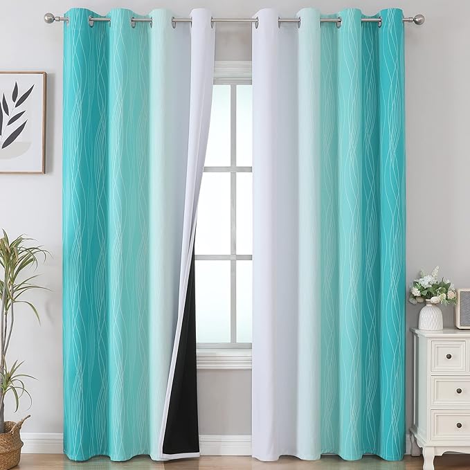 Estelar Textiler Teal and Grayish White Blackout Curtains 108 Inches Long by ESTELARTEXTILER