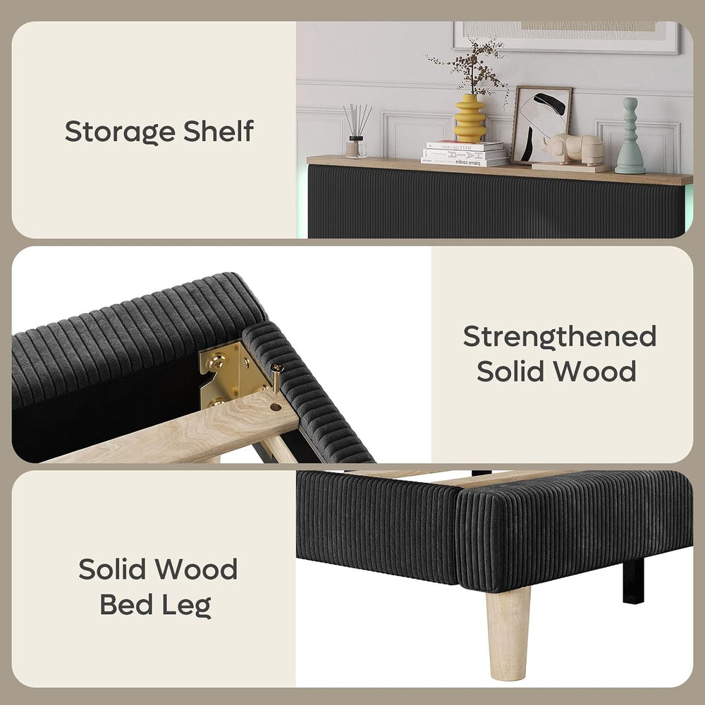 Bestier King Bed Frame with Storage Headboard & LED, Upholstered, Black