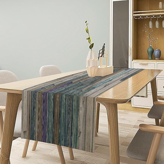 Rustic Table Runner Blue Grey Grunge Wood Planks Barn House Door Nails Country - Image 3